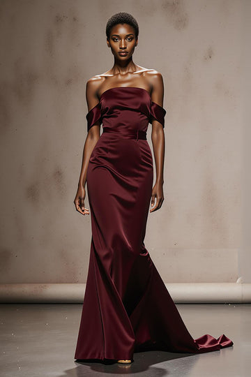 Burgundy Mermaid Off The Shoulder Satin Evening Dress